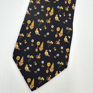 Salvatore Ferragamo Tie Mens Silk‎ Black Gold Garden Squirrel Bird Italy Luxury